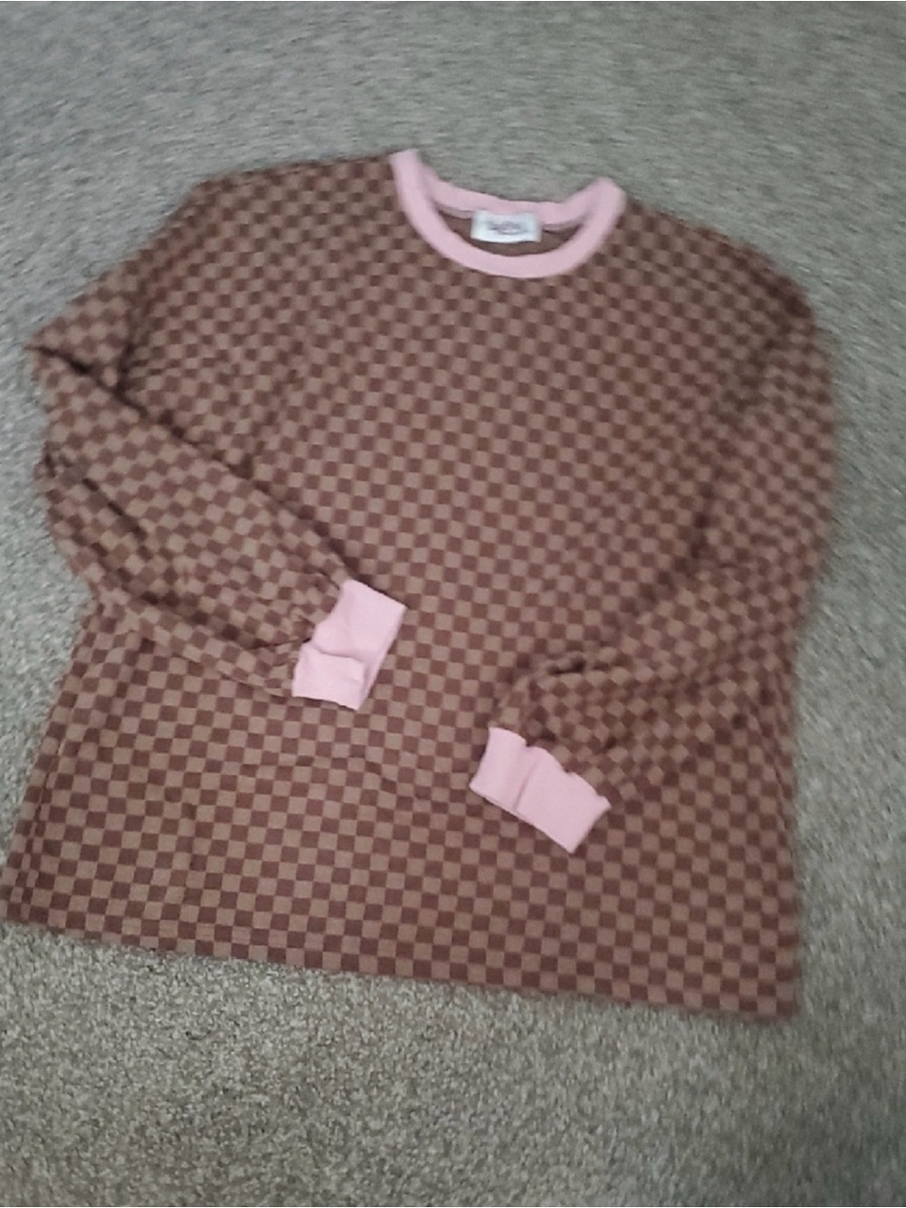Boutique 9 Brown Checkered Crewneck with Pink Trim